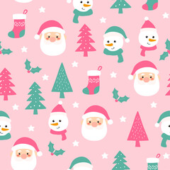 Cute seamless cartoon pink christmas pattern on pink background. Hand drawn festive vector background for print.
