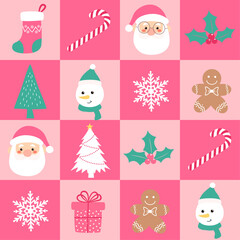 Seamless Geometric Christmas background with festive pattern. Christmas elements repeated check pattern background. Vector illustration for print.