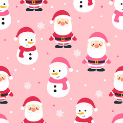 Seamless cute Santa Claus and Snowman hand drawn vector illustration. Funny Pink Christmas Pattern in flat style seamless pattern for kids fabric or wallpaper.