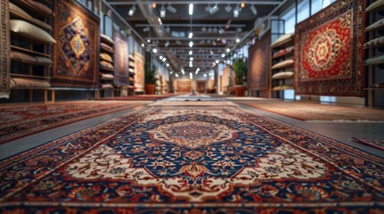 Obraz premium Variety of the gorgeous oriental carpets in traditional carpet store in Middle East. Pile of beautiful handmade carpets on the traditional Middle East market bazaar.