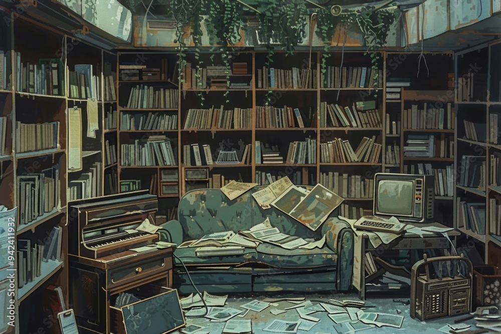 Poster a quiet space filled with books and a comfortable couch, perfect for reading or studying