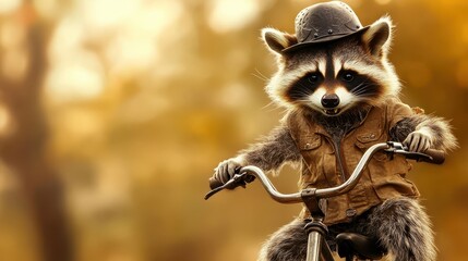 Fototapeta premium Raccoon Riding a Bicycle in Autumn Forest