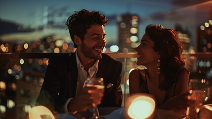 A romantic dinner setting with a couple enjoying drinks and conversation at sunset.