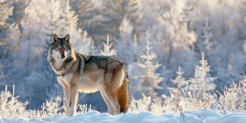 Naklejka premium Gray Wolf Canis lupus Positioned Before a Frozen Woodland During Winter in Captivity