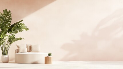 Minimalist Living Room Interior Design with Beige Walls  Round Sofa  and Plant