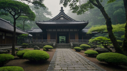 Fototapeta premium serene temple shrine green gardening stone path misty morning