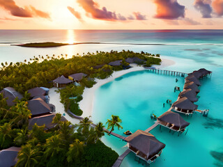 Obraz premium Air View of Luxury Resorts on the Maldives Turquoise Water Beach generative ai
