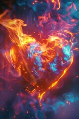 A heart-shaped object engulfed in flames