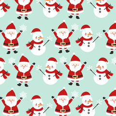 Seamless joyful christmas pattern santa claus snowman. Cute cartoon Illustration. Seamless texture for christmas design.