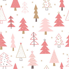 Y2K pink christmas tree seamless pattern. Cute hand drawn fir tee on pink background. Vector winter forest seamless pattern for print.