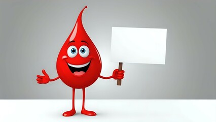 Happy blood drop cartoon character holding a blank sign.