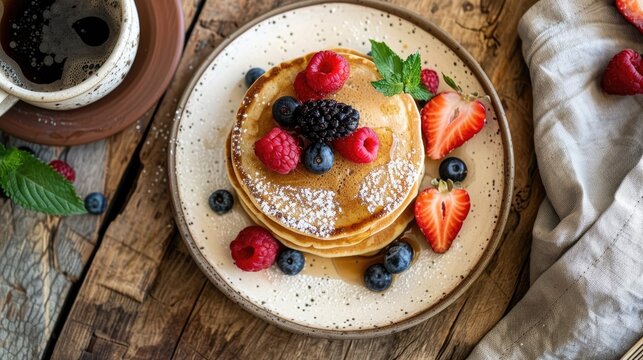 Cottage cheese pancakes topped with berries and coffee breakfast image