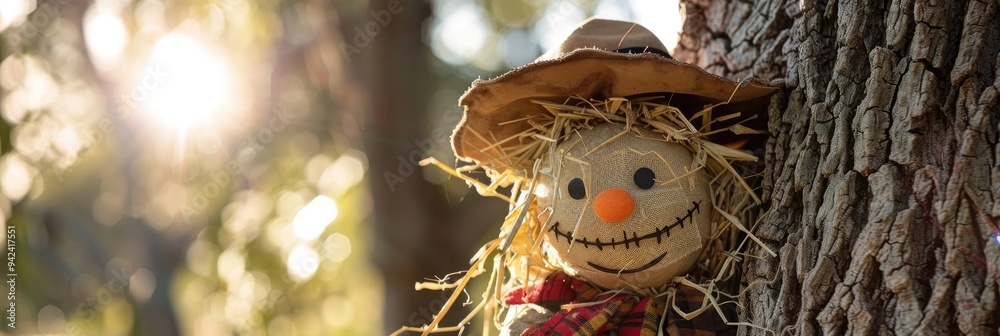 Sticker Joyful scarecrow beaming beneath a vintage tree trunk in a sunny garden setting.