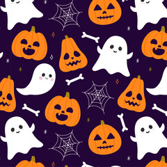 Seamless cartoon halloween pumpkin and ghost cute pattern. Cartoon repeat ghost pumpkin in flat style. Vector illustration.
