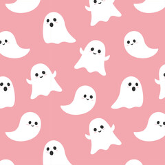 Seamless pink halloween ghost pattern. Cute ghost repeat print background. Pink halloween pattern for kids. Vector illustration. 