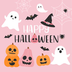 Cartoon pink halloween pumpkin ghost skull stars candy hat  collection in flat style.Happy Halloween cute pattern vector set. Vector illustration.