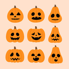 Flat holidays cartoon cute and scary halloween pumpkin monster set.Spooky creepy pumpkins. Vector illustration.