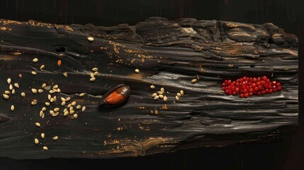 Crimson Firm Seed and Tilaceum Tree Seed Rest on Ebony Timber
