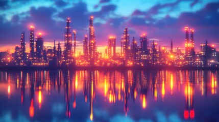 Fototapeta premium Industrial Cityscape at Sunset with Reflection in Water