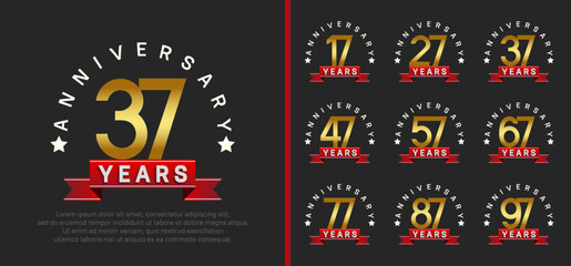 Naklejka premium anniversary set logotype. vector design golden color with red ribbon can be use for celebration