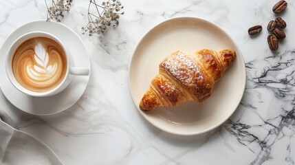 Obraz premium Croissant and coffee breakfast concept from top view