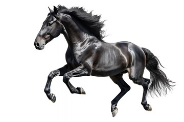 Fototapeta premium A dynamic black horse in mid-leap, showcasing strength and grace against a white background.