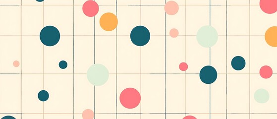 A pattern of pastel squares and circles, evenly spaced and arranged in a minimalistic grid on a soft background