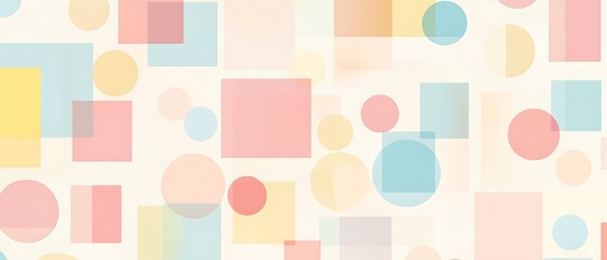A pattern of pastel squares and circles, evenly spaced and arranged in a minimalistic grid on a soft background