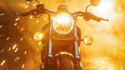 Motorcycle headlight shines against golden blur