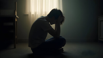 A person sits on the floor with their head in their hands, illuminated by soft light, portraying a moment of emotional struggle and mental health reflection.
