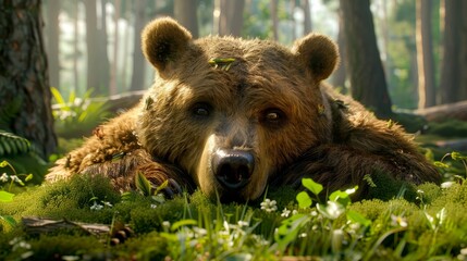 Brown Bear Resting in a Lush Forest Clearing