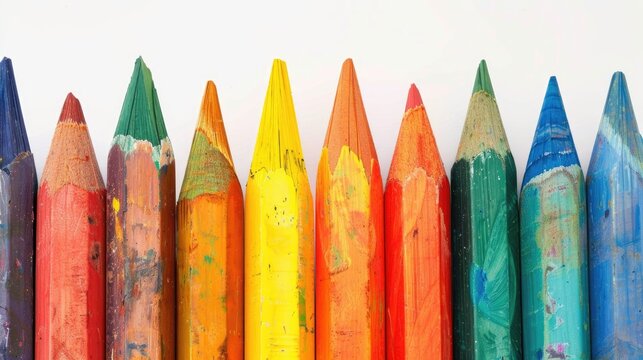 Multicolored triangular crayons against a white backdrop