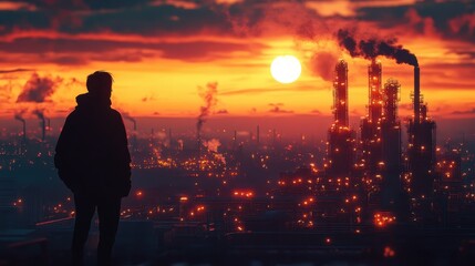 Fototapeta premium Silhouette of a Man Standing on a Rooftop Looking at a Factory at Sunset