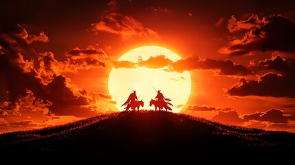 Silhouette of two horse riders against a stunning sunset, highlighting the beauty of nature and adventure.
