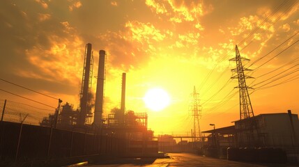 Obraz premium Industrial Sunset with Power Lines and Smoke Stacks