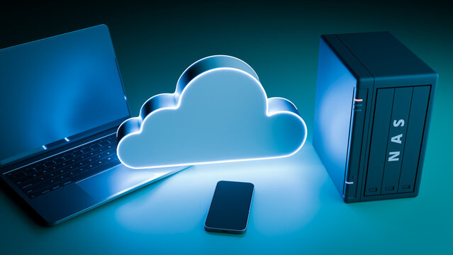 Network Attached Storage drive called "NAS" concepts image. 3d rendering