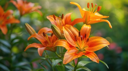 Fototapeta premium Orange lilies for garden beautification with floral background