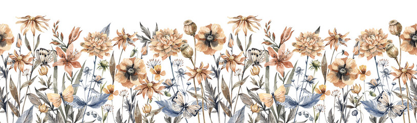 Seamless floral border, hand drawn watercolor autumn flowers. Isolated floral composition.