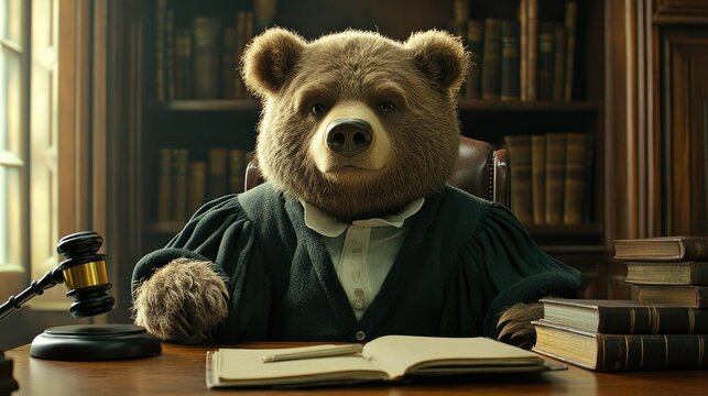 A bear in a judge's robe and wig, sitting at a desk with a gavel and books,