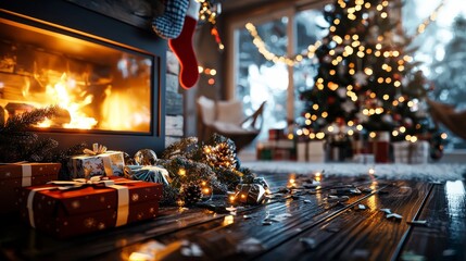 Obraz premium Cozy Christmas Fireplace with Presents Decorations and Christmas Tree Lights
