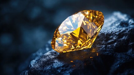 A close-up of a brilliant yellow diamond sparkling under soft light, set against a deep, dark background,