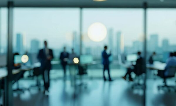 Blurry office scene with people and a city skyline in the background.