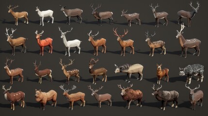 Fototapeta premium Collection of Low Poly Deer Models.