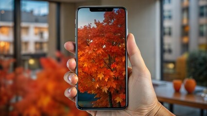 A hand holds a smartphone with a blank screen to present an app or website on a neutral background.Cell phone,gadget in the human hand