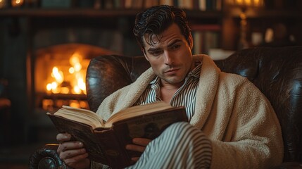 Obraz premium Thoughtful Man Reading in a Candlelit Study