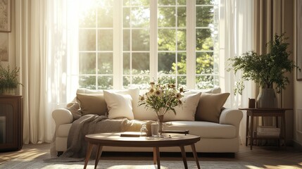 Cozy Living Room with White Sofa  Large Window  and Sunbeams