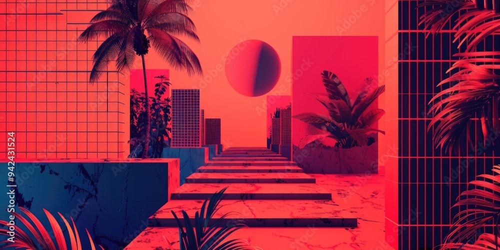 Poster a modern building with a tropical touch featuring palm trees