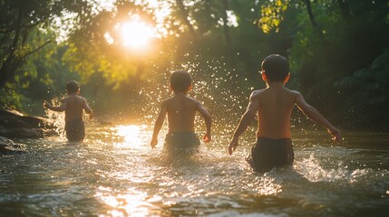 Kids Playing in River at Sunset  Summer Fun  Water Splash  Golden Hour