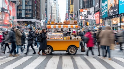 Urban Coffee Cart on Busy Street with Motion Blur, Serving To-Go Coffee to Pedestrians, Generative Ai