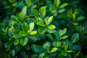 Close up of green leaves on a boxwood tree in a blurred garden background. High quality photo at a high resolution
